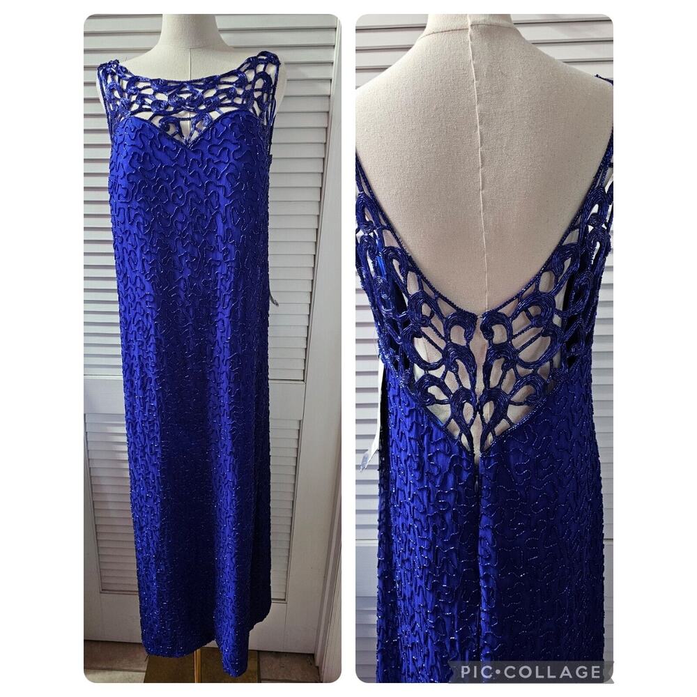 NWT Riva Designs 100% Silk Royal Blue Beaded Backless‎ Gown Dress 10 12 14 16